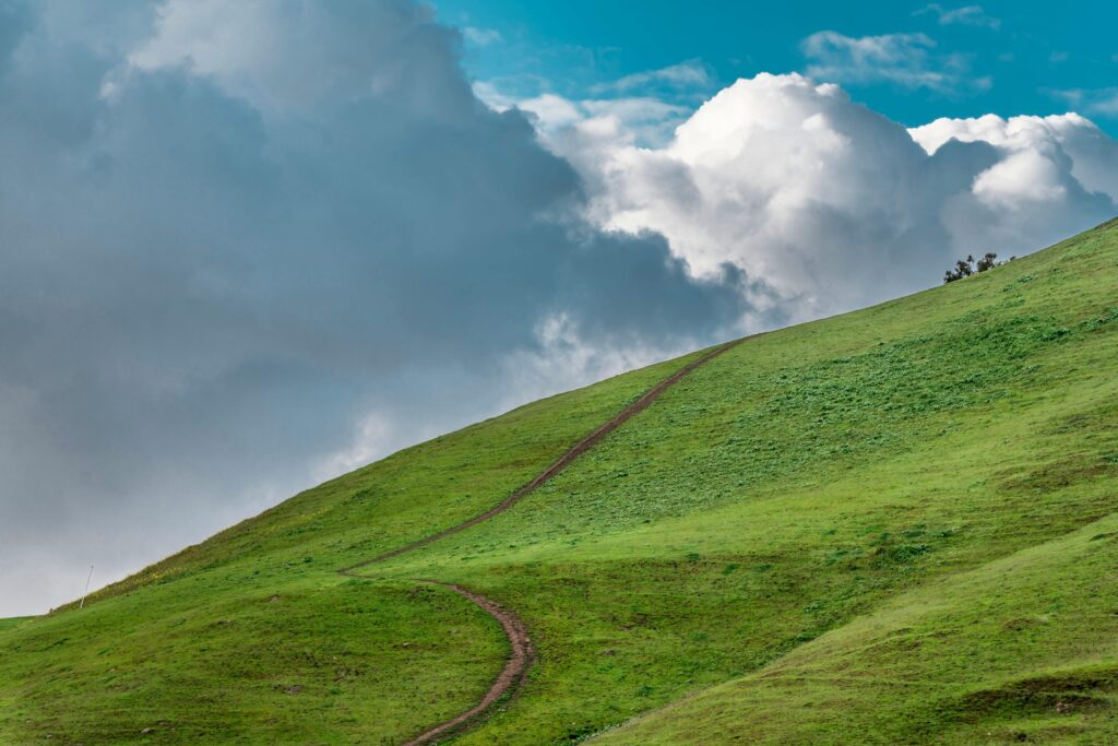 Scenic landscape of rolling green hills under a dramatic cloudy sky, perfect for nature lovers.